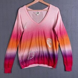 LABEL+thread Bali Sunset Pink Ombre V Neck Lightweight Cotton Sweater Size S